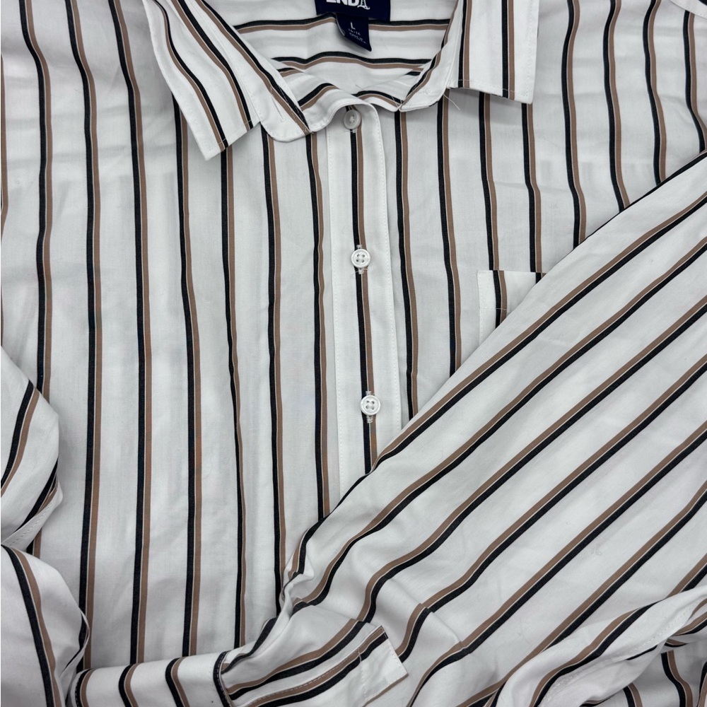 Lands' End No Iron White With‎ Navy/Tan Striped Button Down Shirt, Size Large